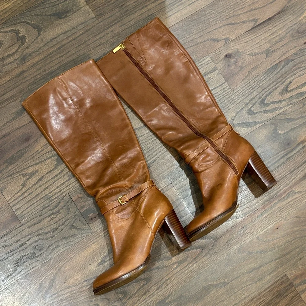 Ivanka Trump Brown Knee High Zip Up Leather Boots, Size 7.5 - Picture 10 of 11